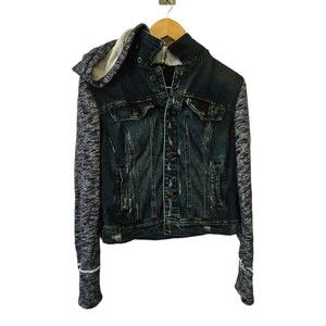 Free People Distressed‎ Denim Jacket Knit Sleeves And Hood Women's Size Medium